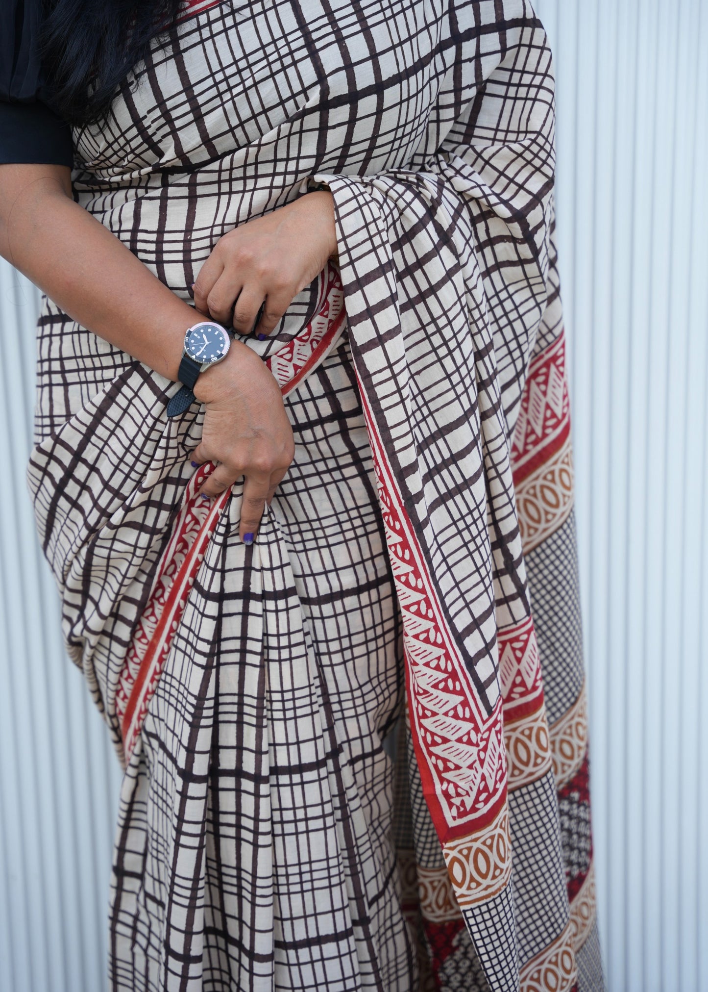 BHAVYA_Beige Striped Hand Block Print Cotton Saree