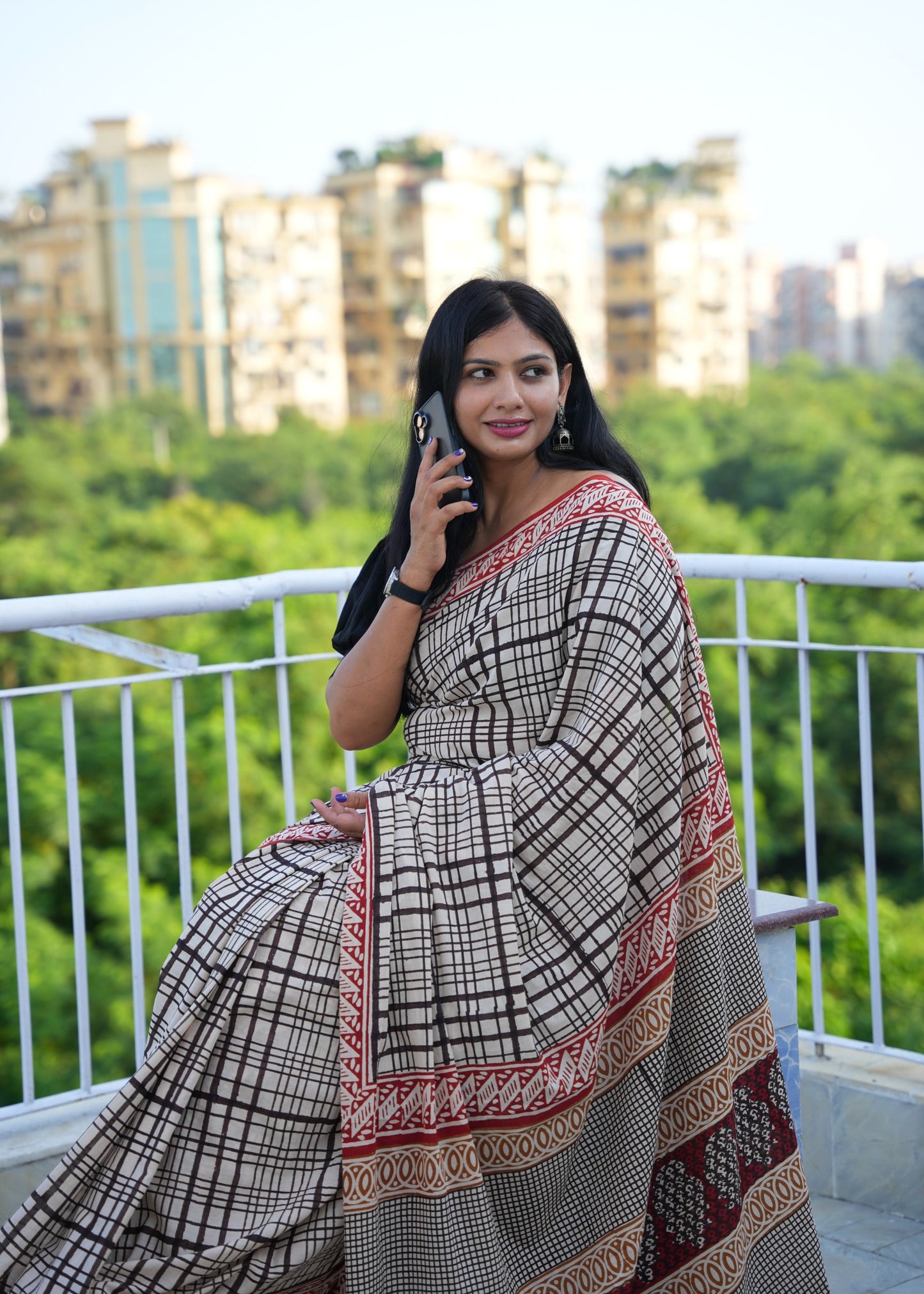 BHAVYA_Beige Striped Hand Block Print Cotton Saree