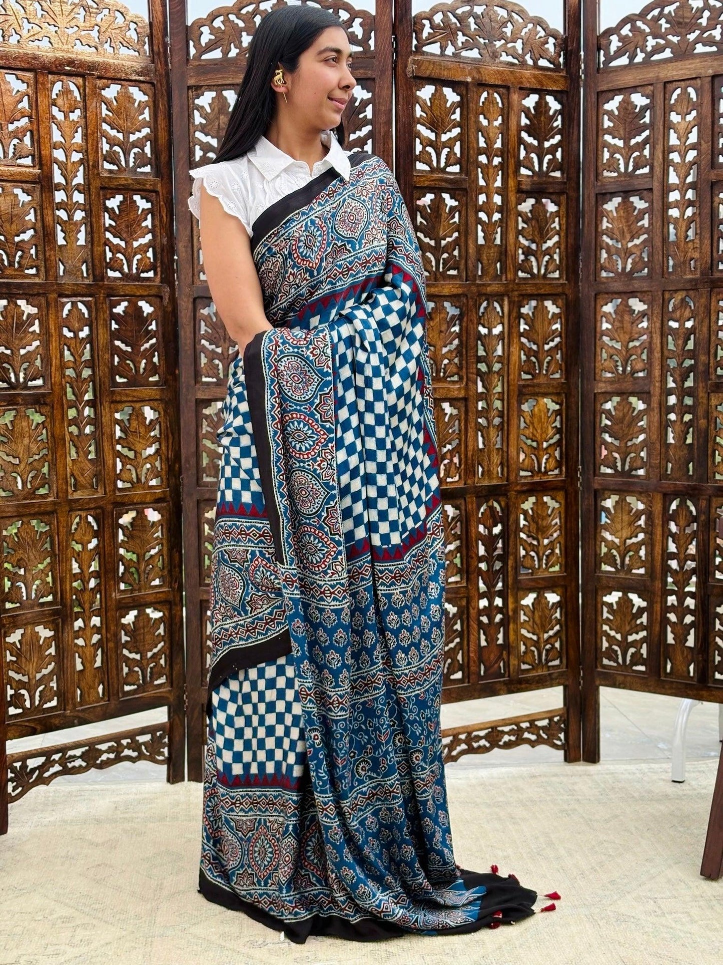 NEELIMA : AJRAKH HANDBLOCK MODAL SILK SAREE