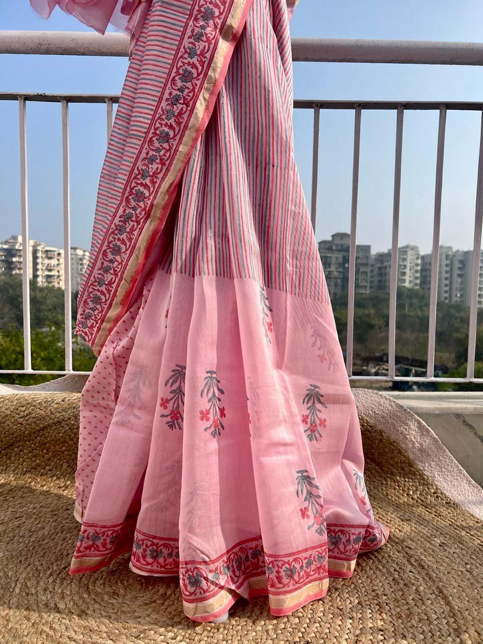 Pastel Pink Sanganer Handblock Cotton Silk Saree - Vasaka Jaipur