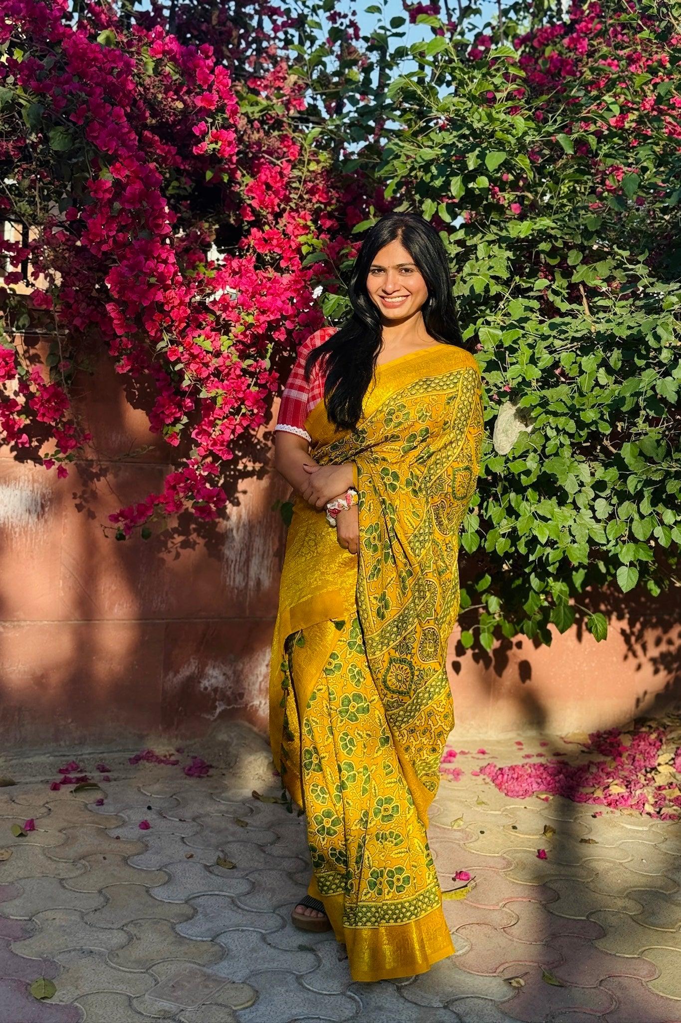 Yellow Gulistan - Designer Ajrakh Handblock Premium Dola Silk Saree