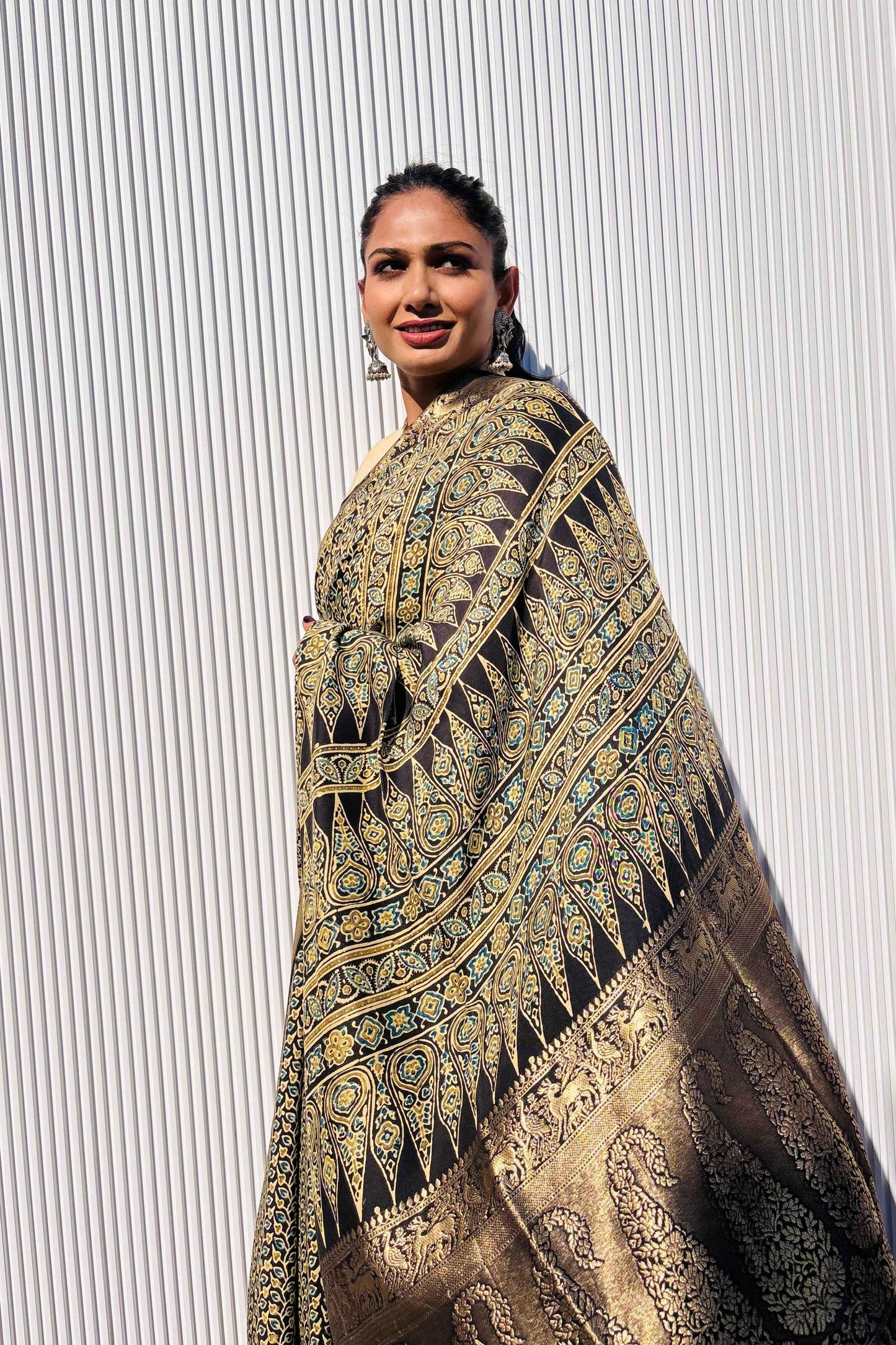 Black - Designer Ajrakh Handblock Premium Dola Silk Saree