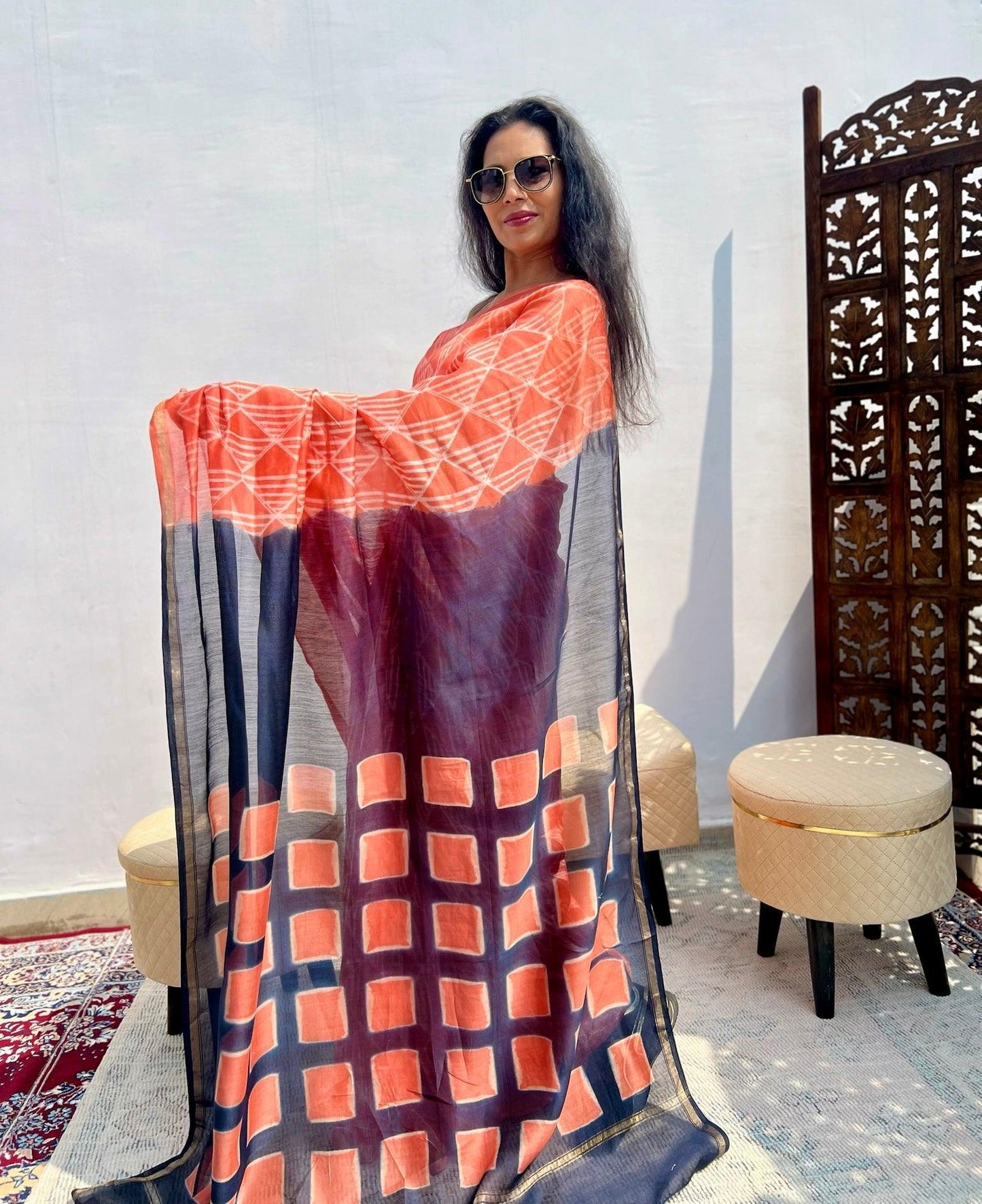 Peach - Nui Shibori Tie-Dye Chanderi Cotsilk Saree with Clamp Tie Dye on Pallu - Vasaka Jaipur