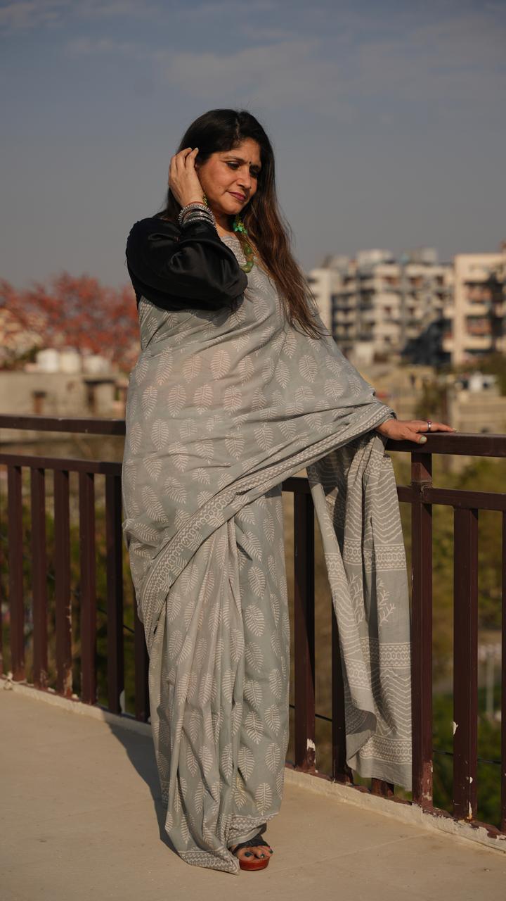 Gray Hand Block Printed Cotton Saree - Vasaka Jaipur