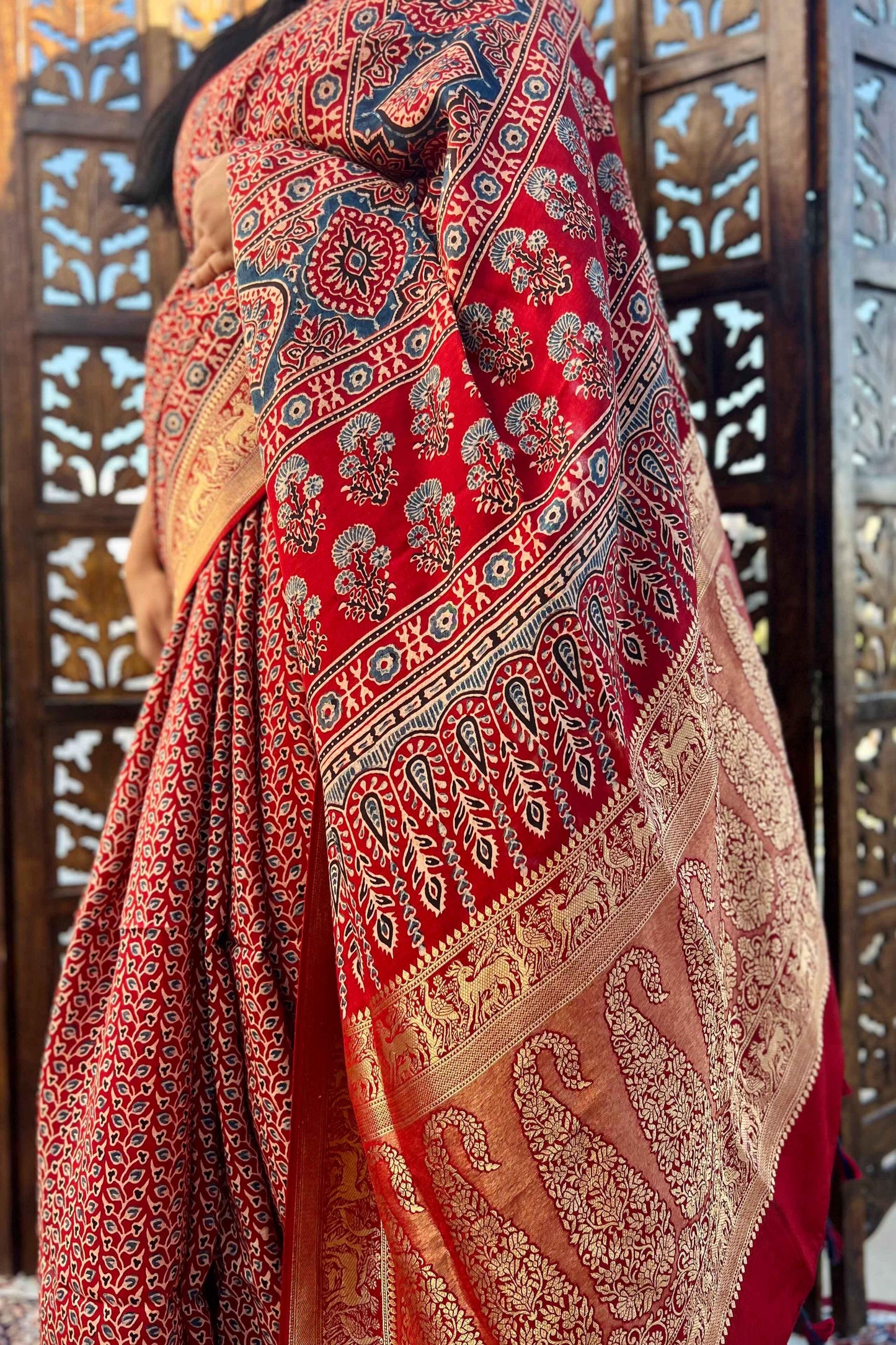 Red - Designer Ajrakh Handblock Premium Dola Silk Saree