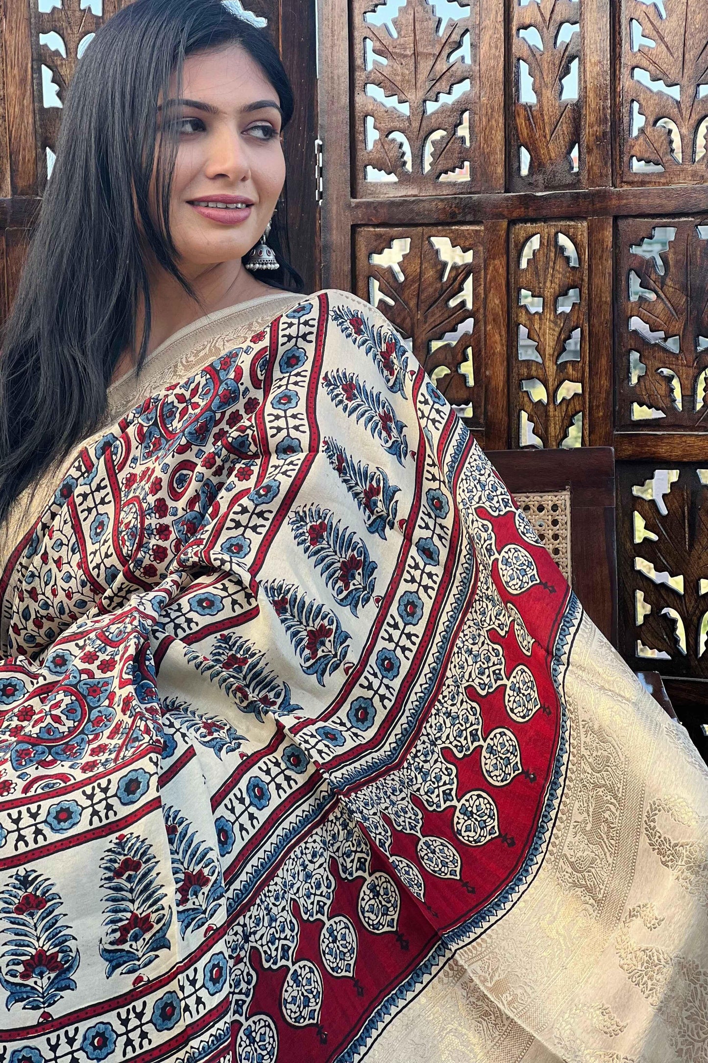 Beige - Designer Ajrakh Handblock Premium Dola Silk Saree