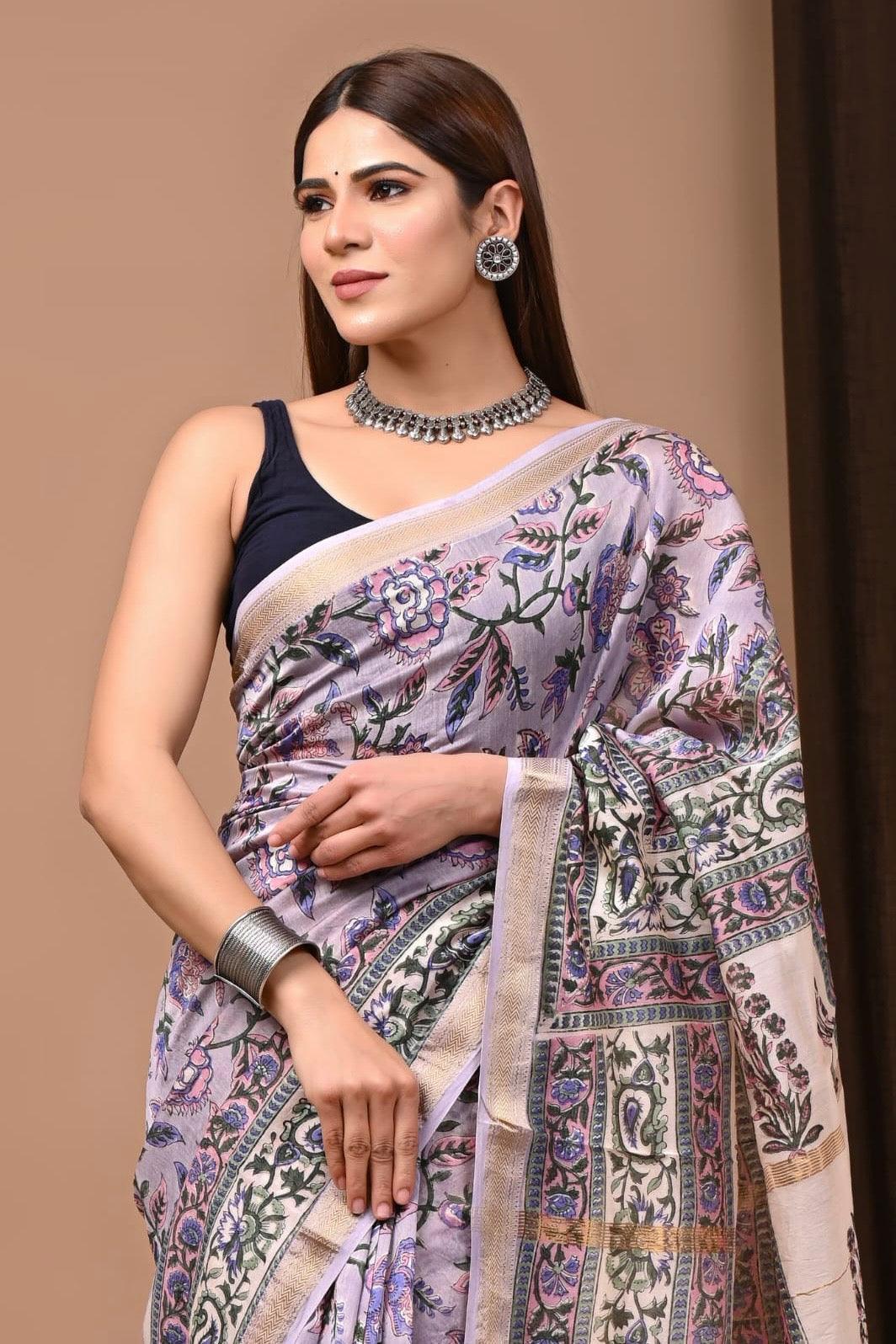 Lavender - Handblock Maheshwari Silk Saree