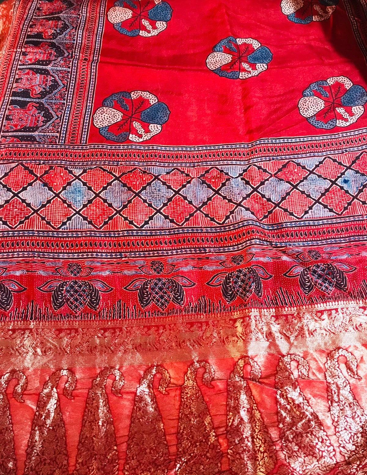Red - Designer Ajrakh Handblock Premium Dola Silk Saree - Vasaka Jaipur