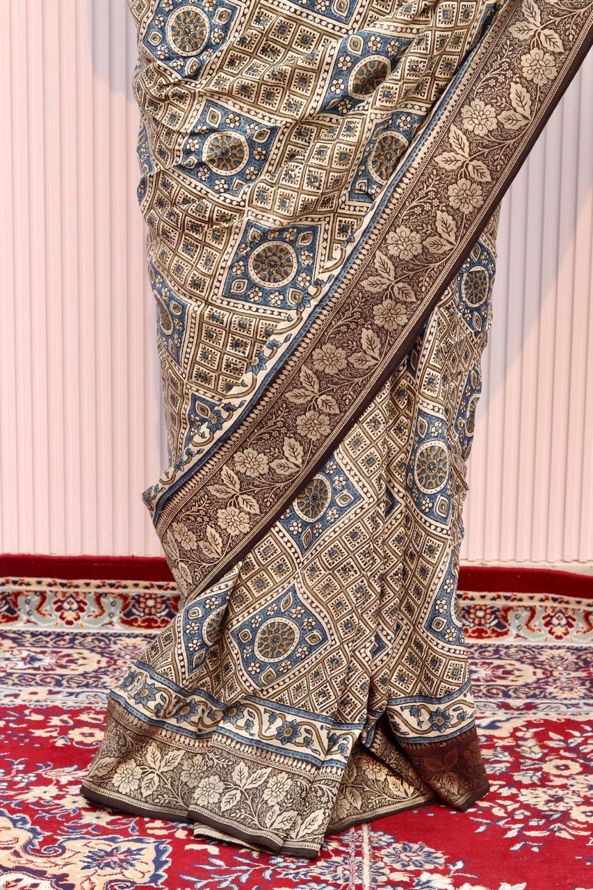 Beige - Designer Ajrakh Handblock Premium Dola Silk Saree - Vasaka Jaipur