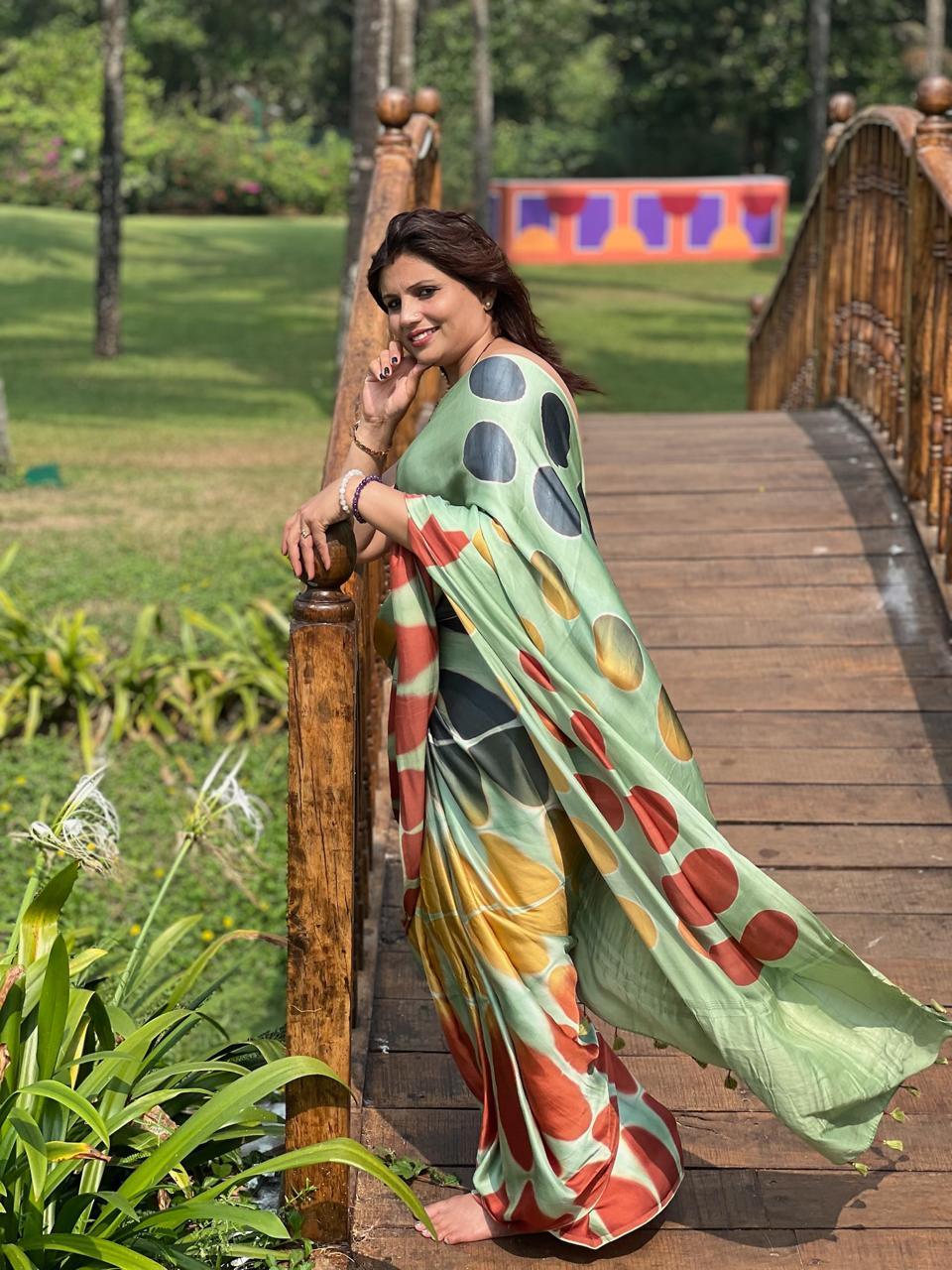 Sea Green - Clamp Dyed Modal Silk Saree - Vasaka Jaipur