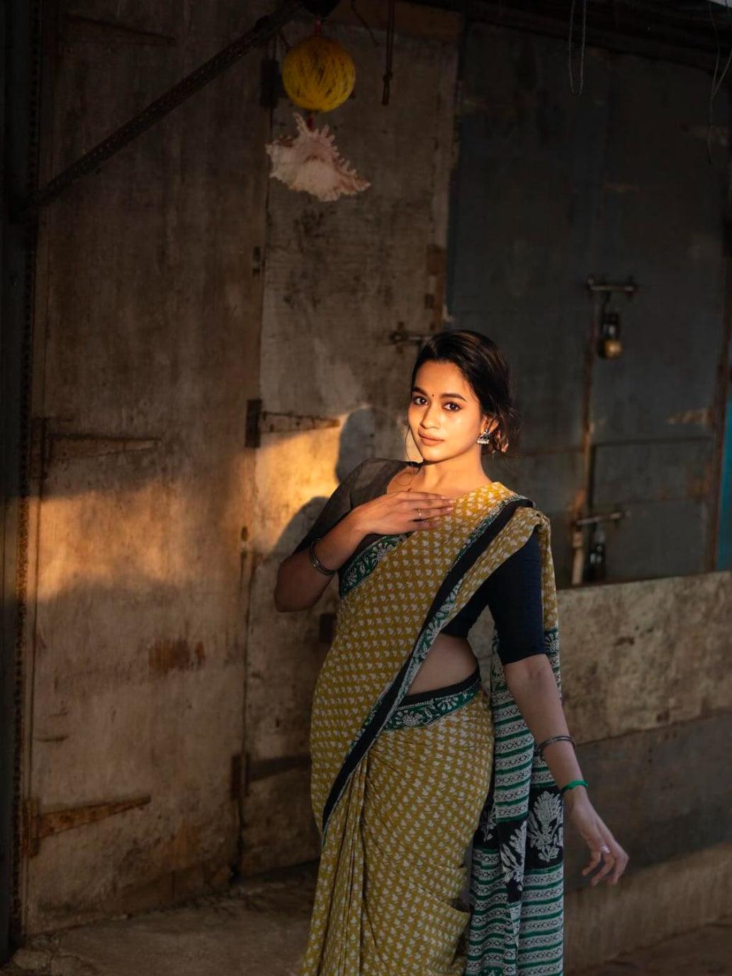 Yellow_ Mulmul Cotton Saree - Vasaka Jaipur