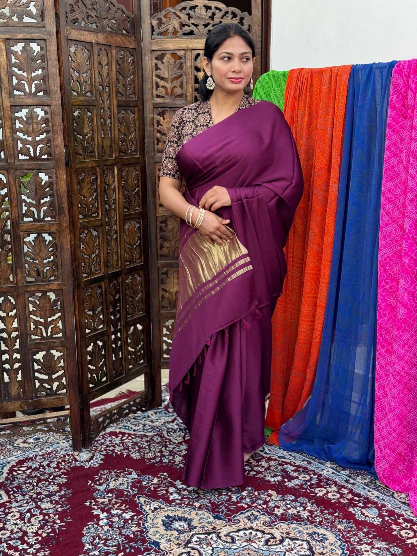 Purple Colour Modal Plain Saree With Tissue Pallu - Vasaka Jaipur