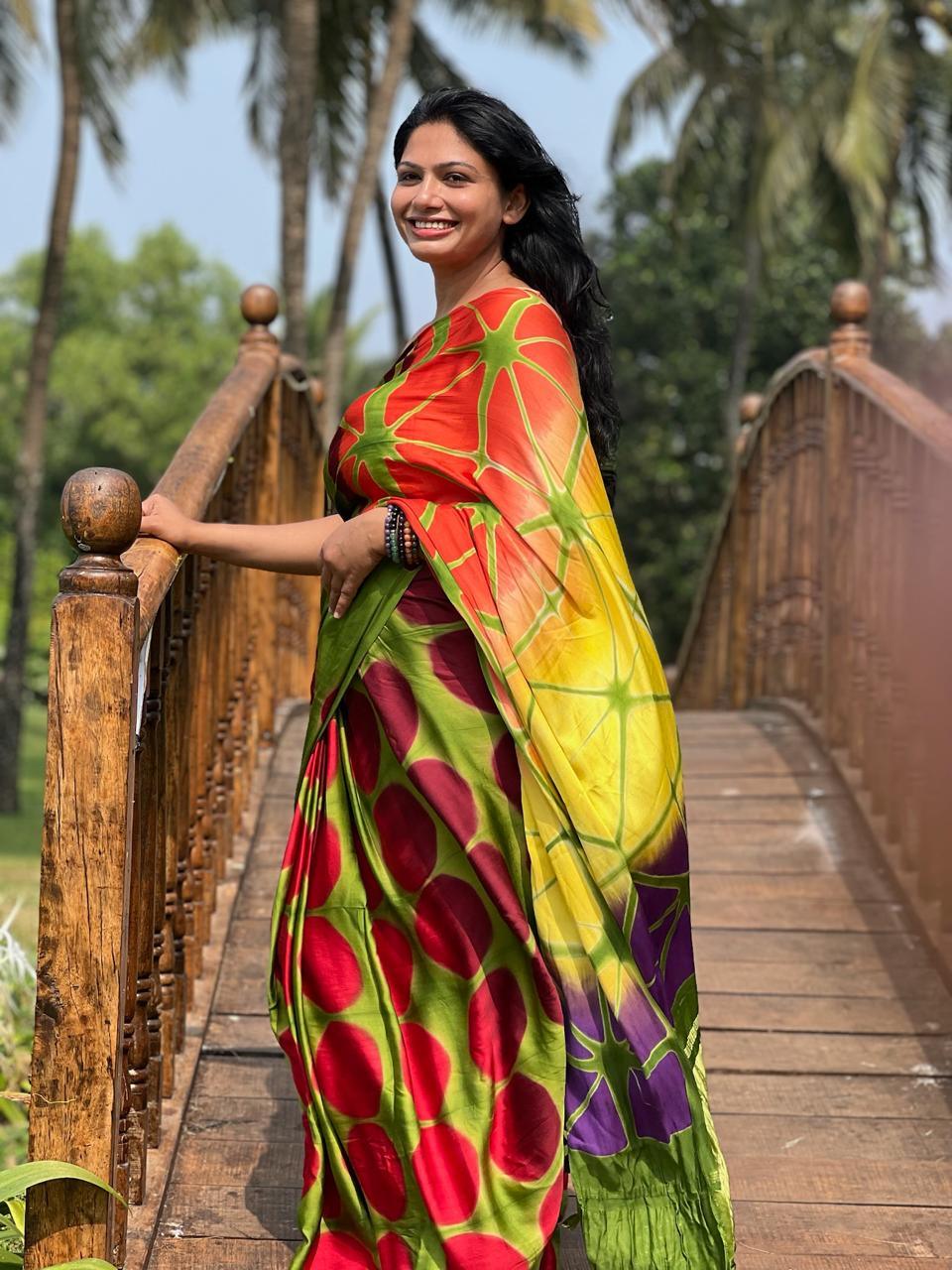 Green - Clamp Dyed Modal Silk Saree - Vasaka Jaipur