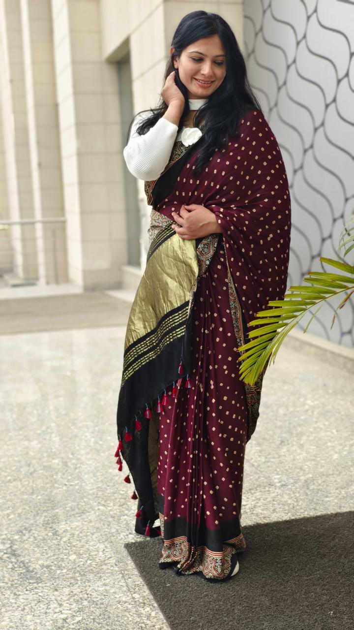 KRITIKA : AJRAKH BANDHEJ TISSUE MODAL SILK SAREE - Vasaka Jaipur