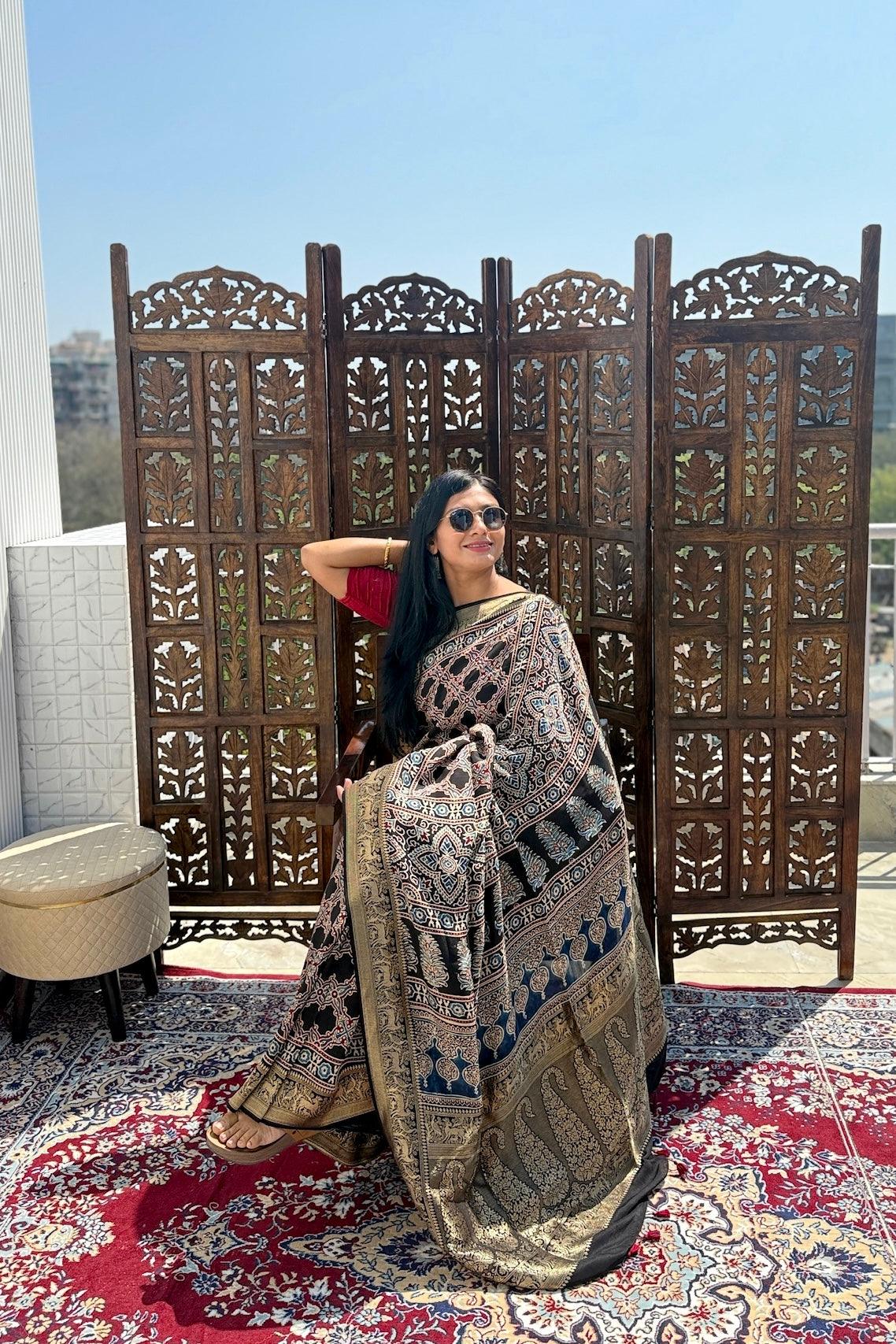 Black - Designer Ajrakh Handblock Premium Dola Silk Saree