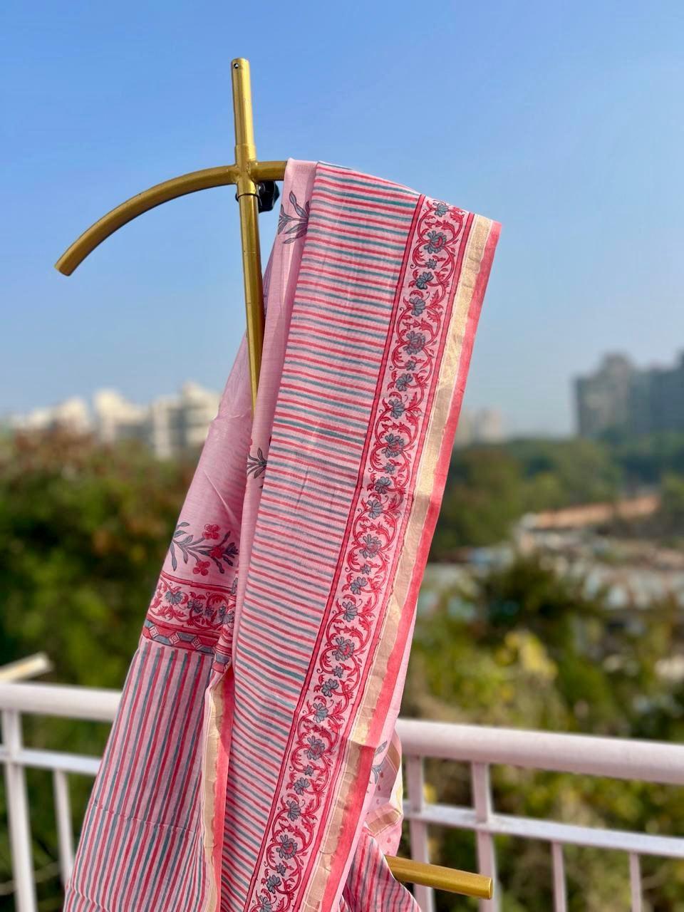 Pastel Pink Sanganer Handblock Cotton Silk Saree - Vasaka Jaipur