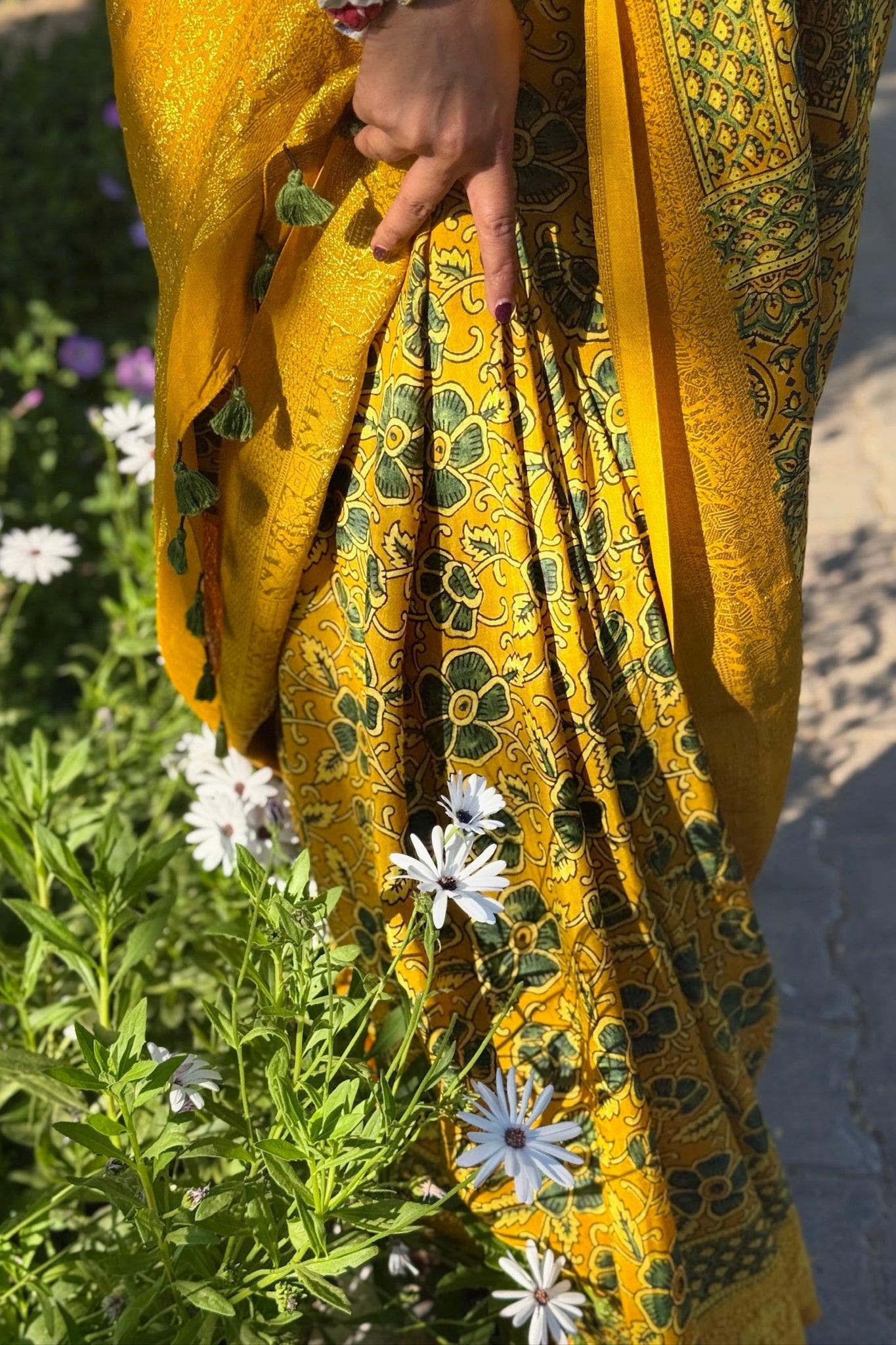 Yellow Gulistan - Designer Ajrakh Handblock Premium Dola Silk Saree