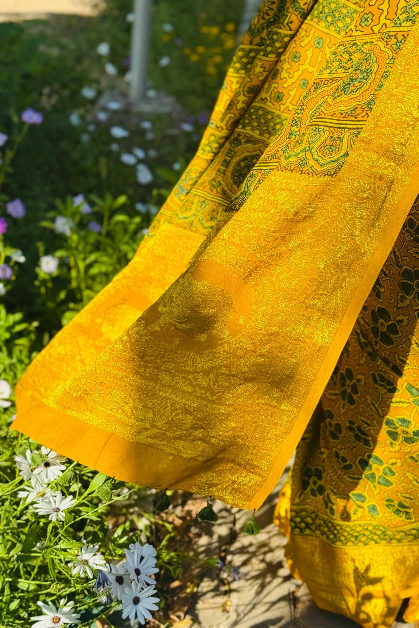 Yellow Gulistan - Designer Ajrakh Handblock Premium Dola Silk Saree