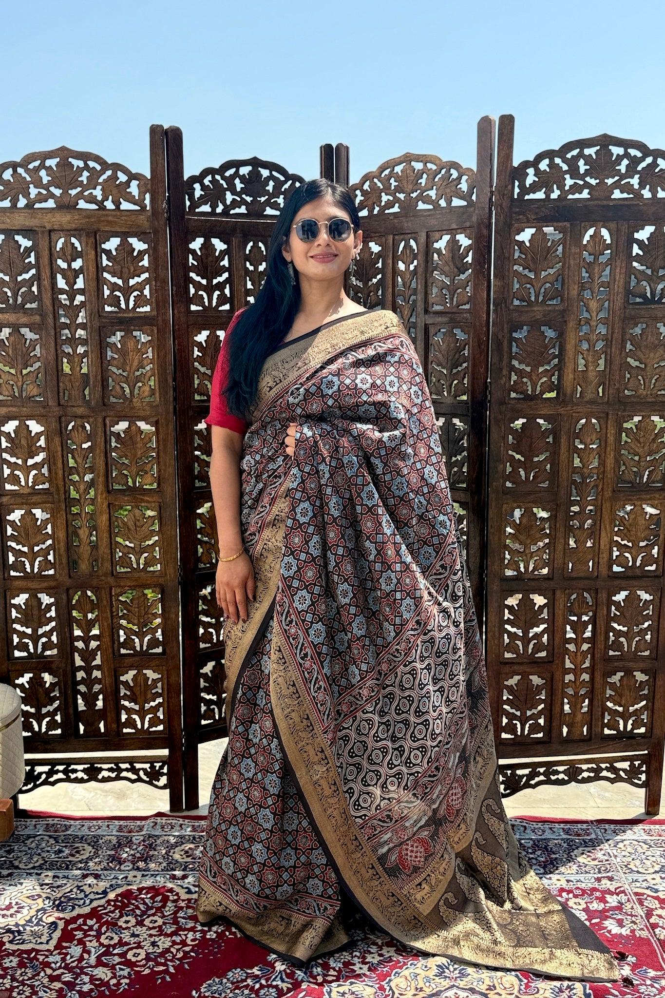 Black - Designer Ajrakh Handblock Premium Dola Silk Saree
