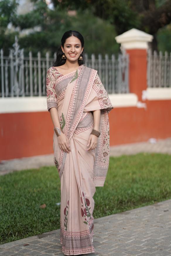 Nayana Hand Block Printed Cotton Saree - Vasaka Jaipur
