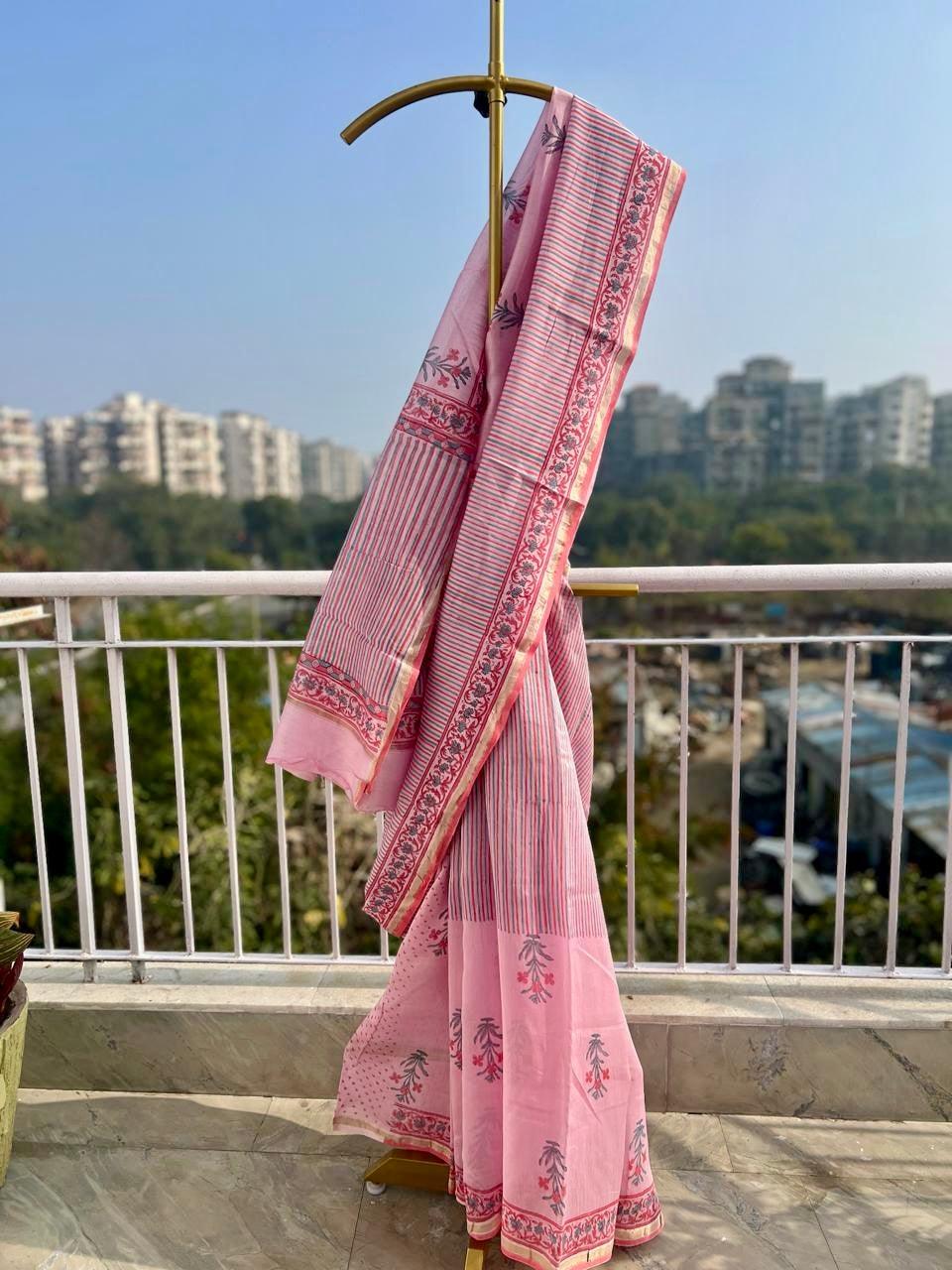 Pastel Pink Sanganer Handblock Cotton Silk Saree - Vasaka Jaipur