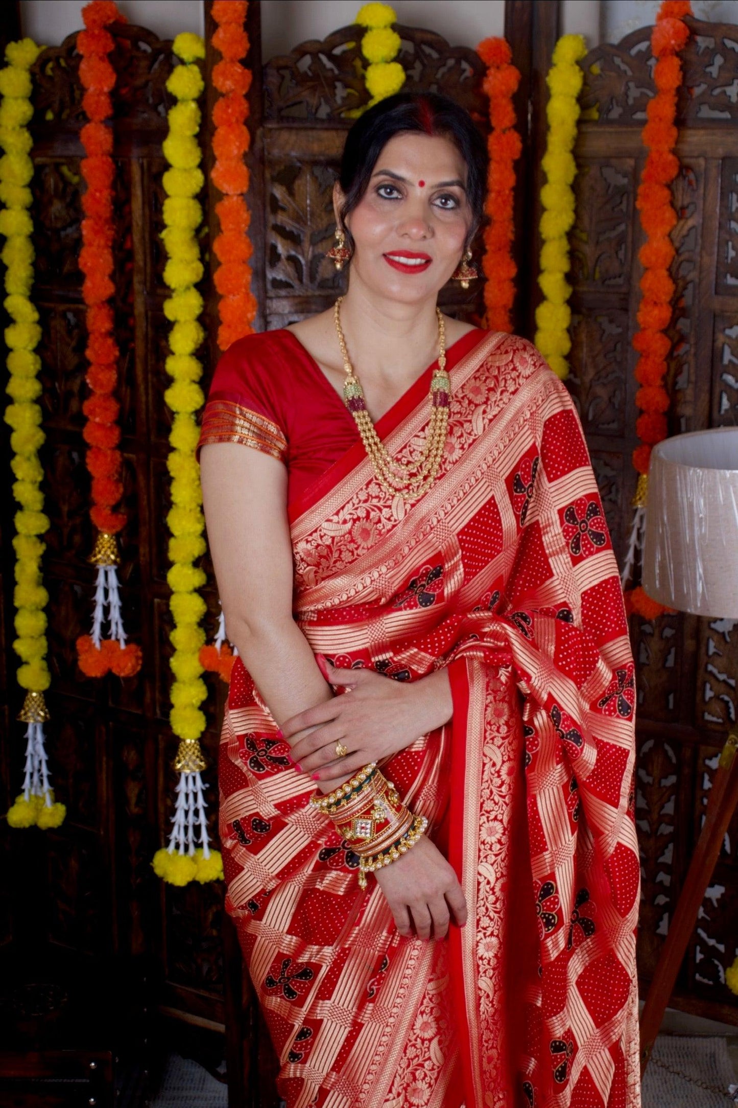MADHURIMA - Ajrakh Gharchola Red Modal Silk Saree - Vasaka Jaipur