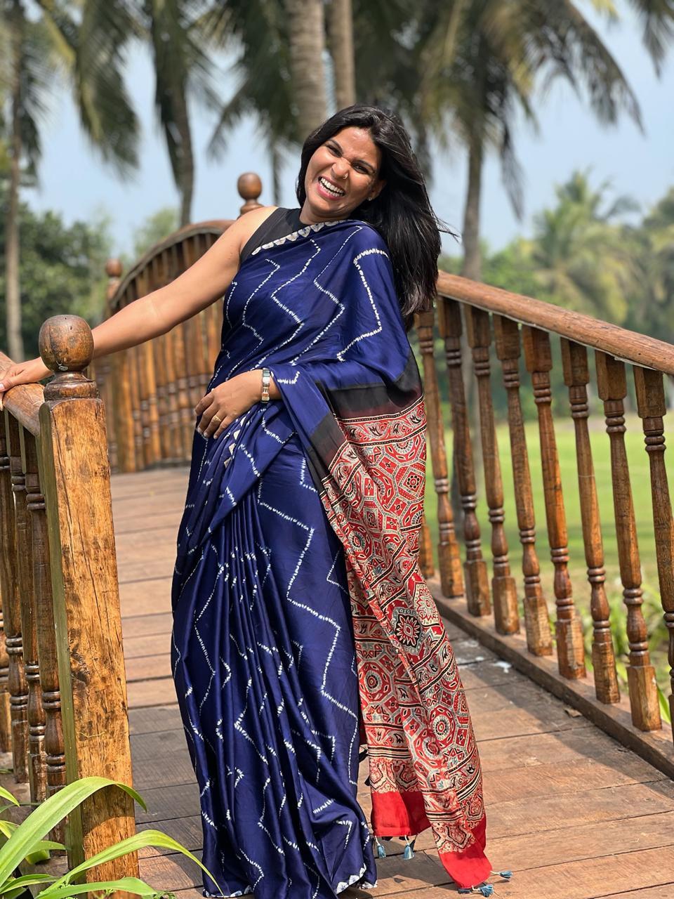 Blue - Needle Shibori Modal Saree With Ajrakh Pallu & Blouse - Vasaka Jaipur