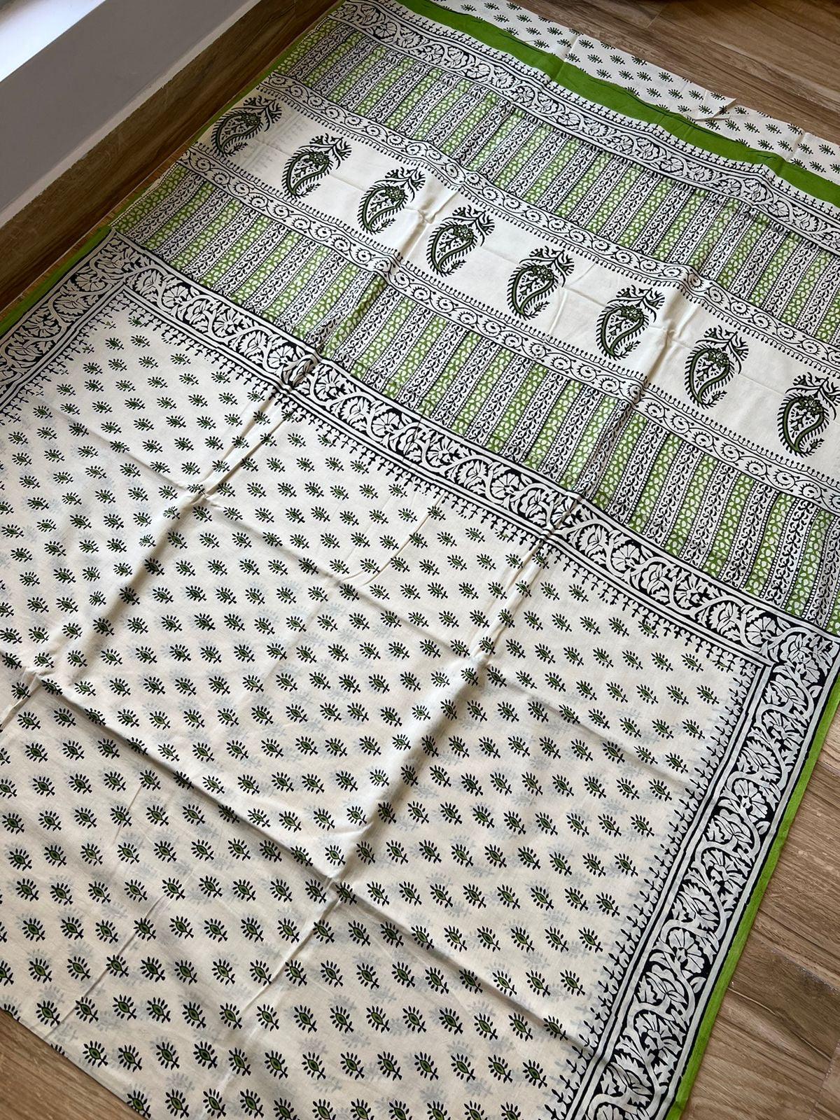 Offwhite_ Hand Block Printed Cotton Saree - Vasaka Jaipur