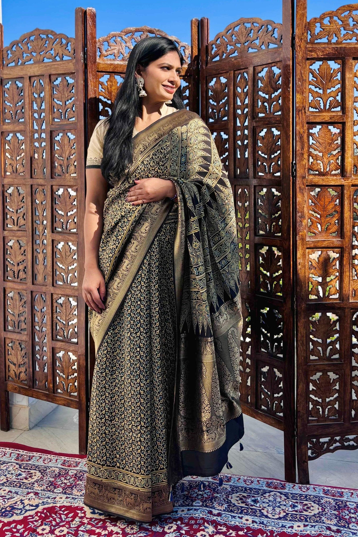 Black - Designer Ajrakh Handblock Premium Dola Silk Saree
