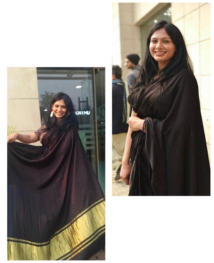 Black Colour Modal Plain Saree With Tissue Pallu - Vasaka Jaipur