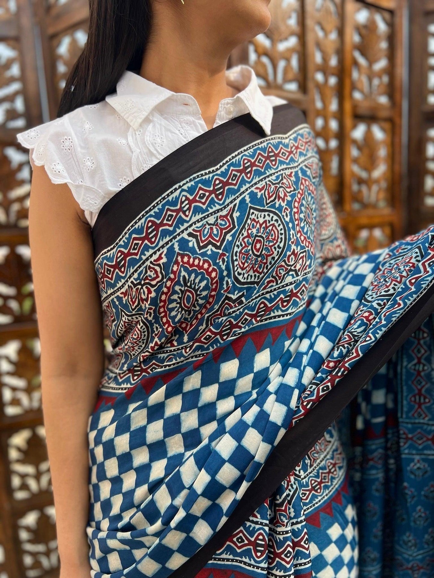 NEELIMA : AJRAKH HANDBLOCK MODAL SILK SAREE - Vasaka Jaipur