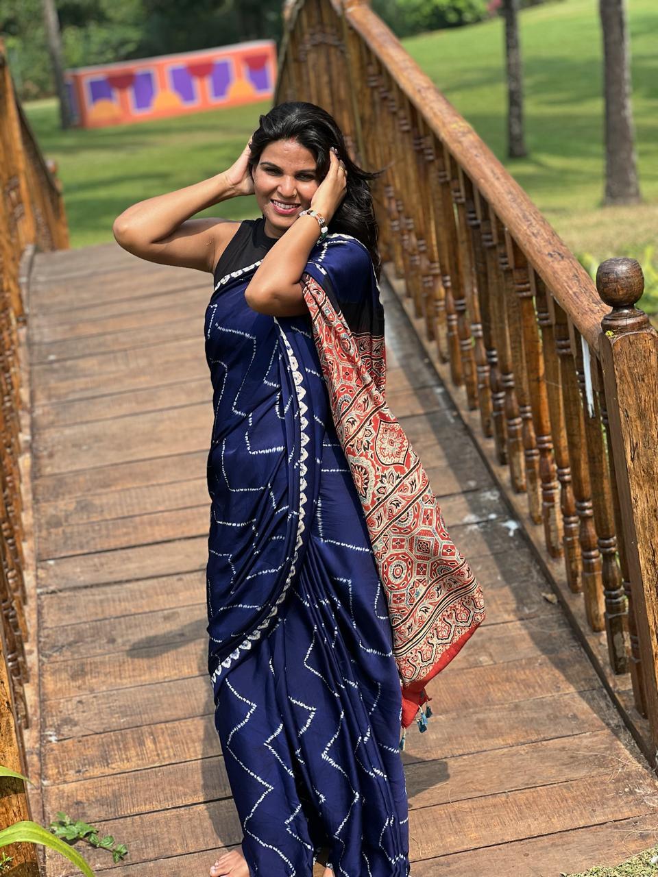 Blue - Needle Shibori Modal Saree With Ajrakh Pallu & Blouse - Vasaka Jaipur
