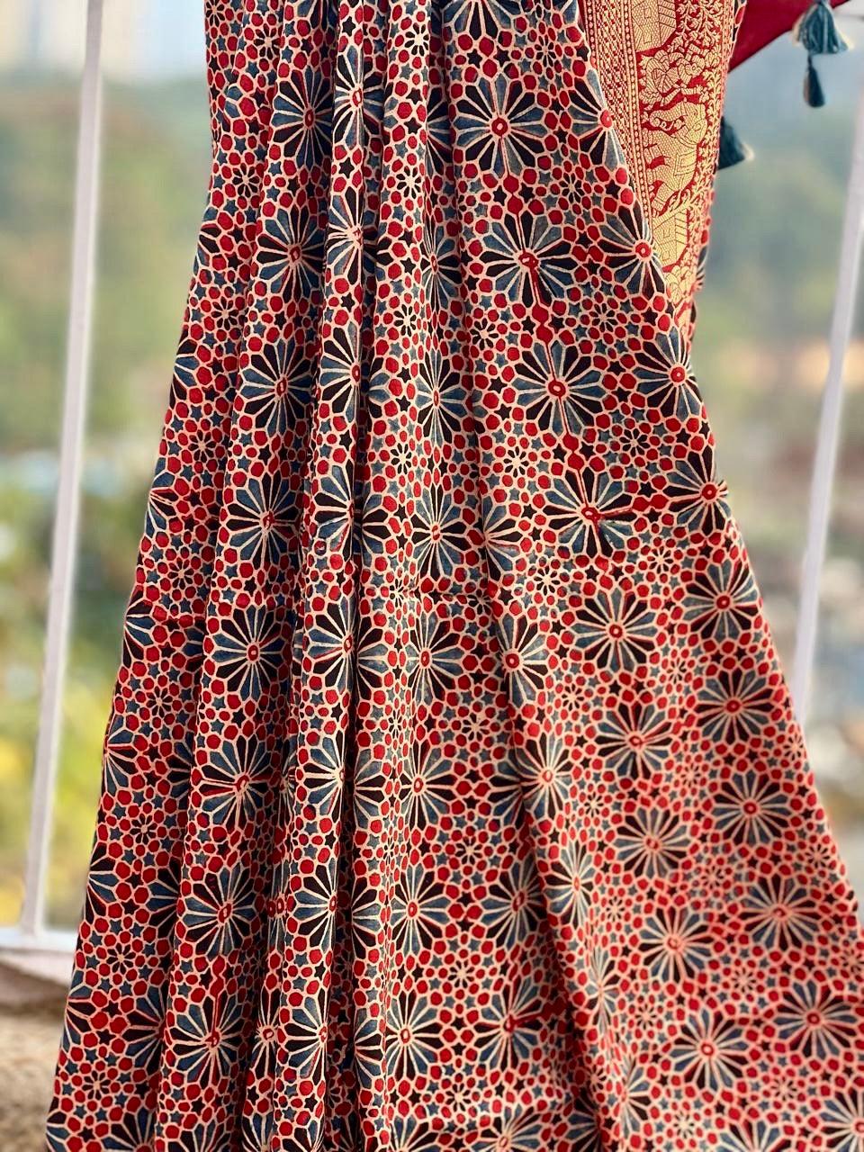 Red - Ajrakh Handblock Dola Silk Saree - Vasaka Jaipur