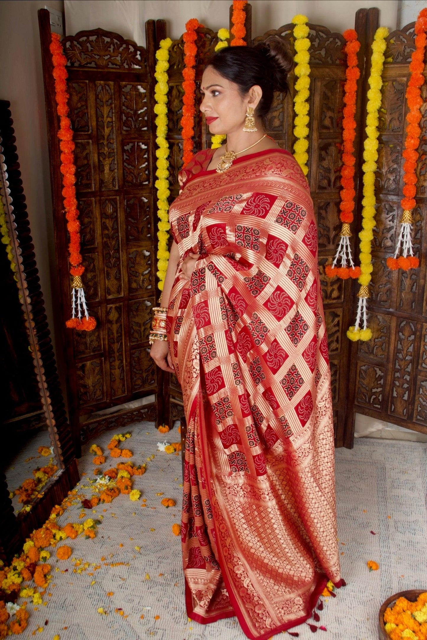 NIHARIKA - Ajrakh Gharchola Red Modal Silk Saree - Vasaka Jaipur