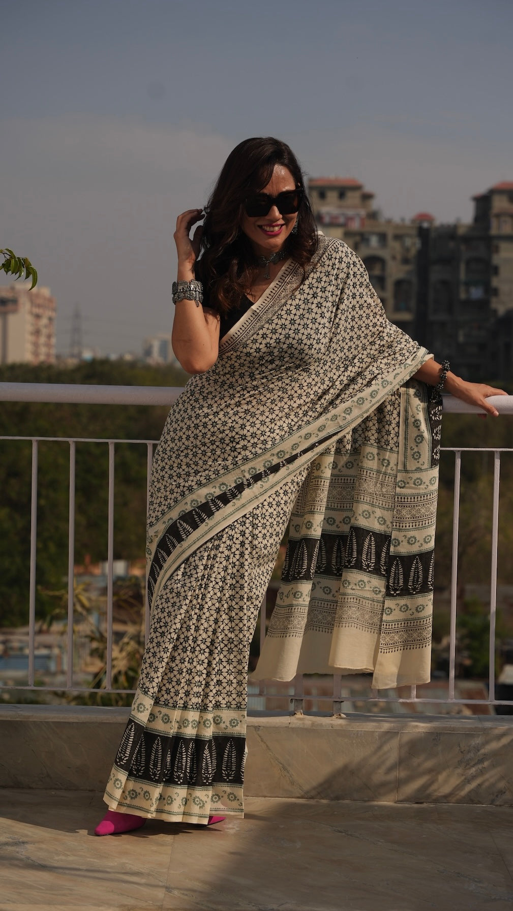 KARUNA - Off White Hand Block Printed Cotton Saree