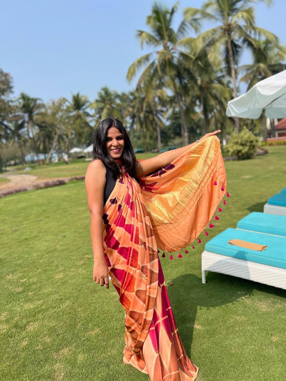 Peach - Clamp Dyed Modal Silk Saree - Vasaka Jaipur