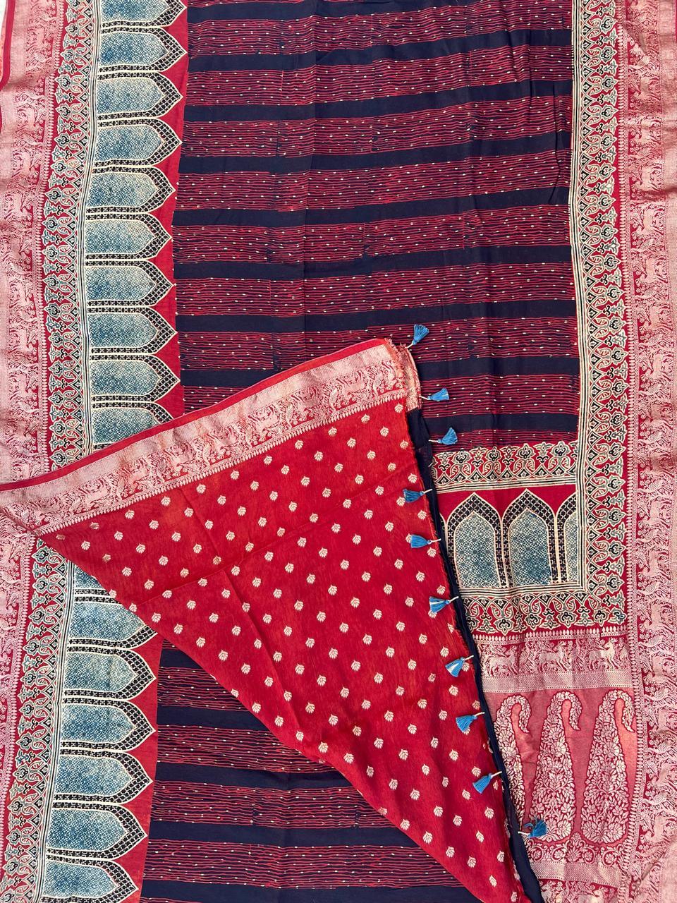 Red - Designer Ajrakh Handblock Premium Dola Silk Saree - Vasaka Jaipur