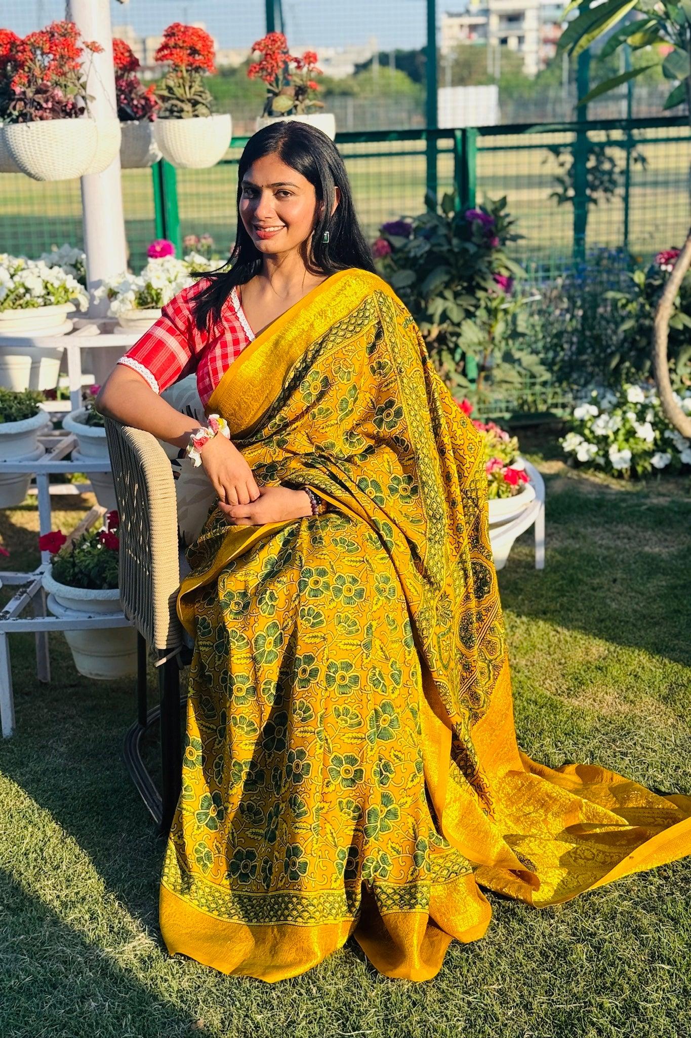Yellow Gulistan - Designer Ajrakh Handblock Premium Dola Silk Saree