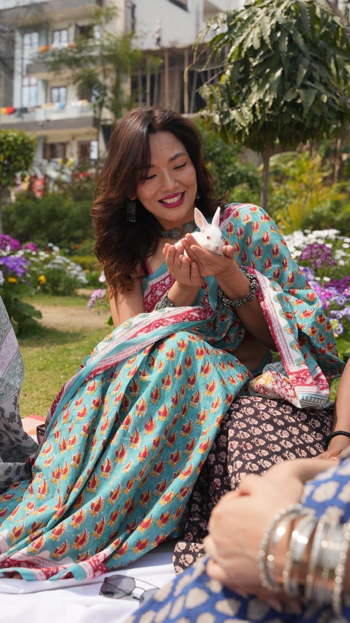 Teal Blue_ Hand Block Printed Cotton Saree - Vasaka Jaipur