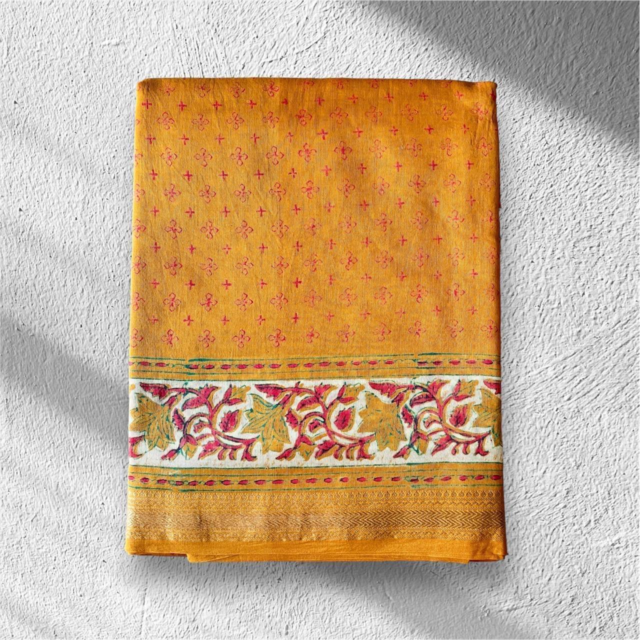 Orangish Yellow - Handblock Maheshwari Silk Saree - Vasaka Jaipur