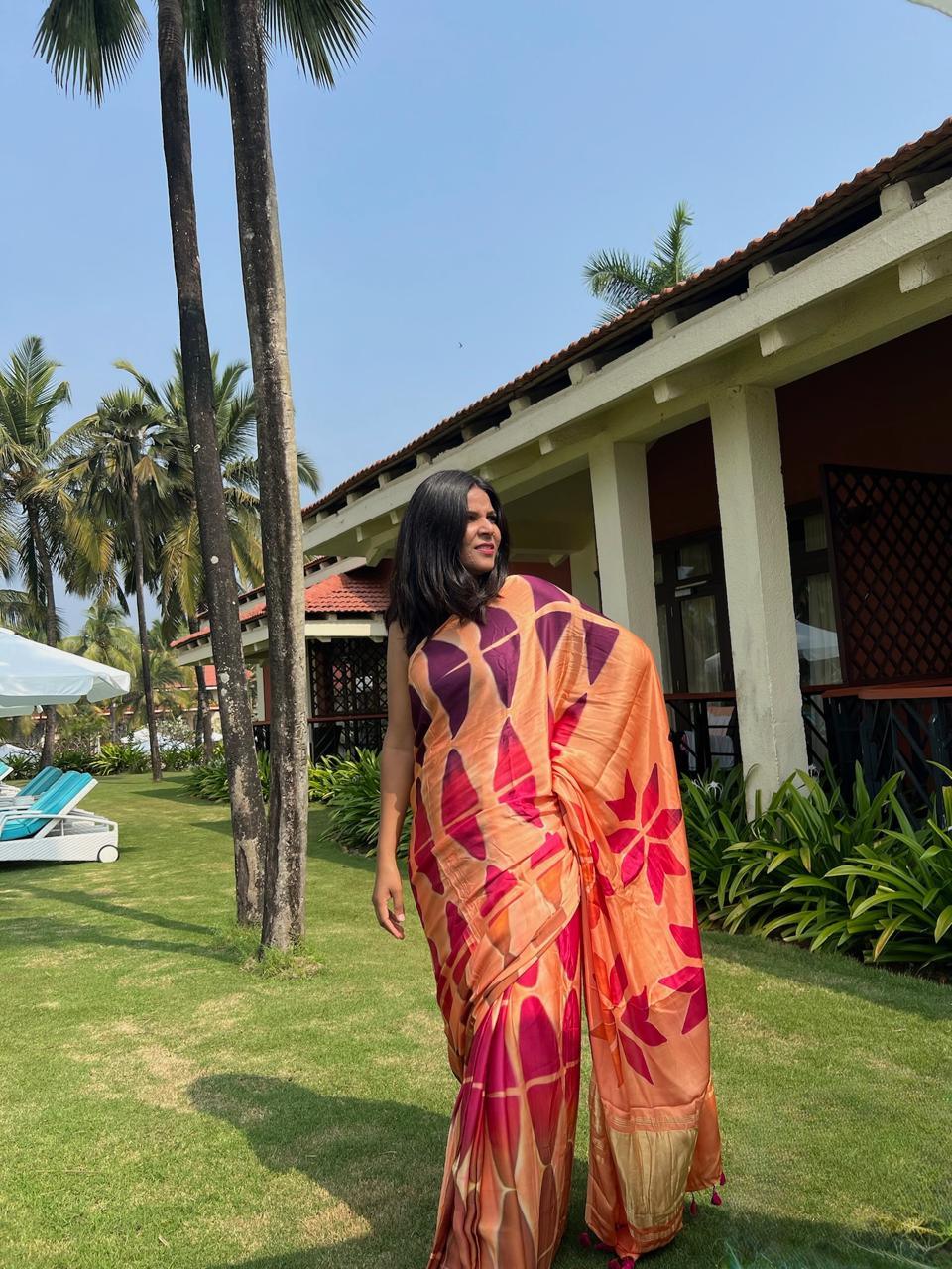 Peach - Clamp Dyed Modal Silk Saree - Vasaka Jaipur