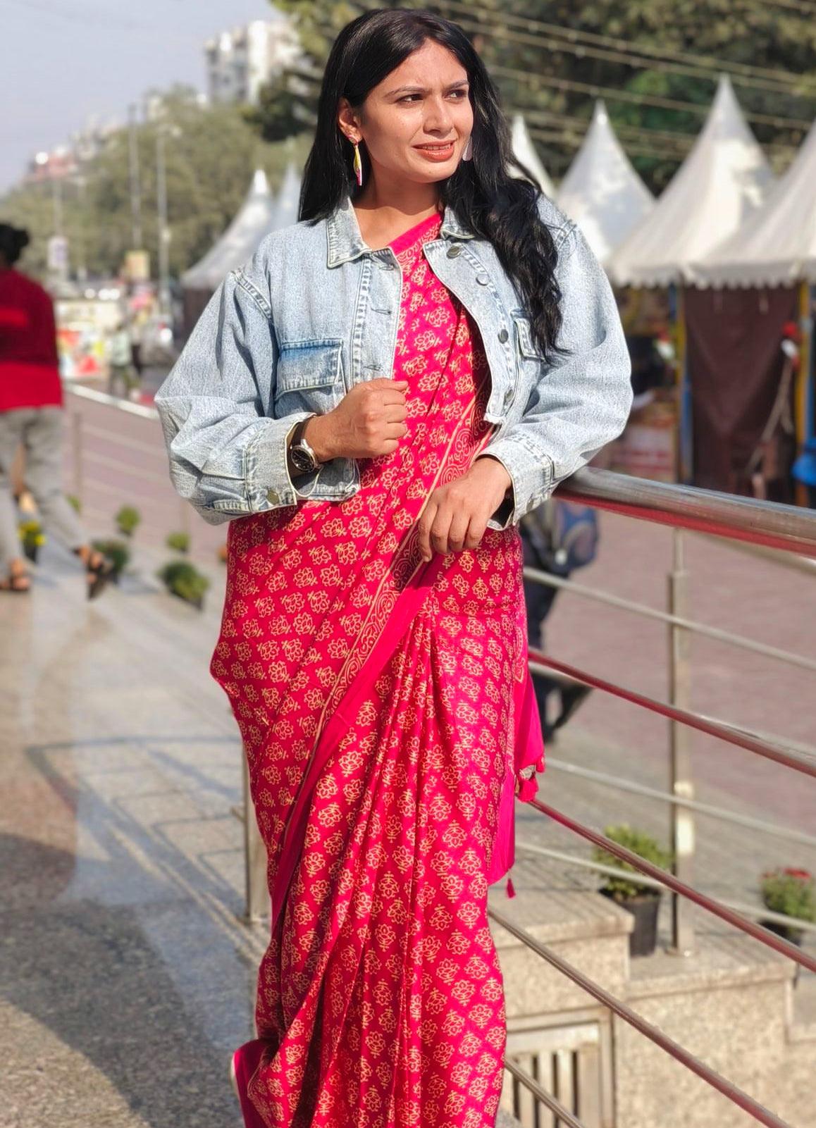 Pink - Discharge Print Modal Silk Saree - Vasaka Jaipur