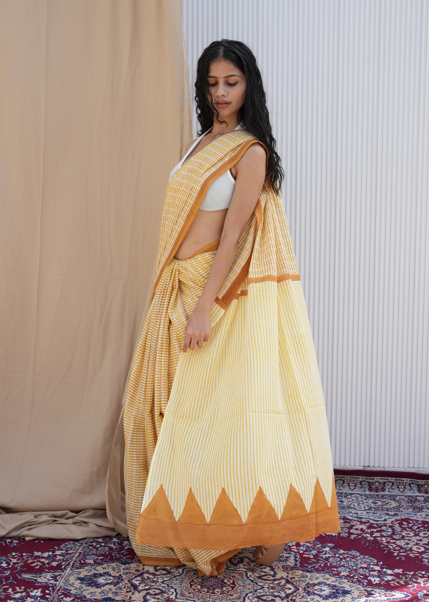 SAANVI_Heritage Hand Block Printed Pure Cotton Striped Saree