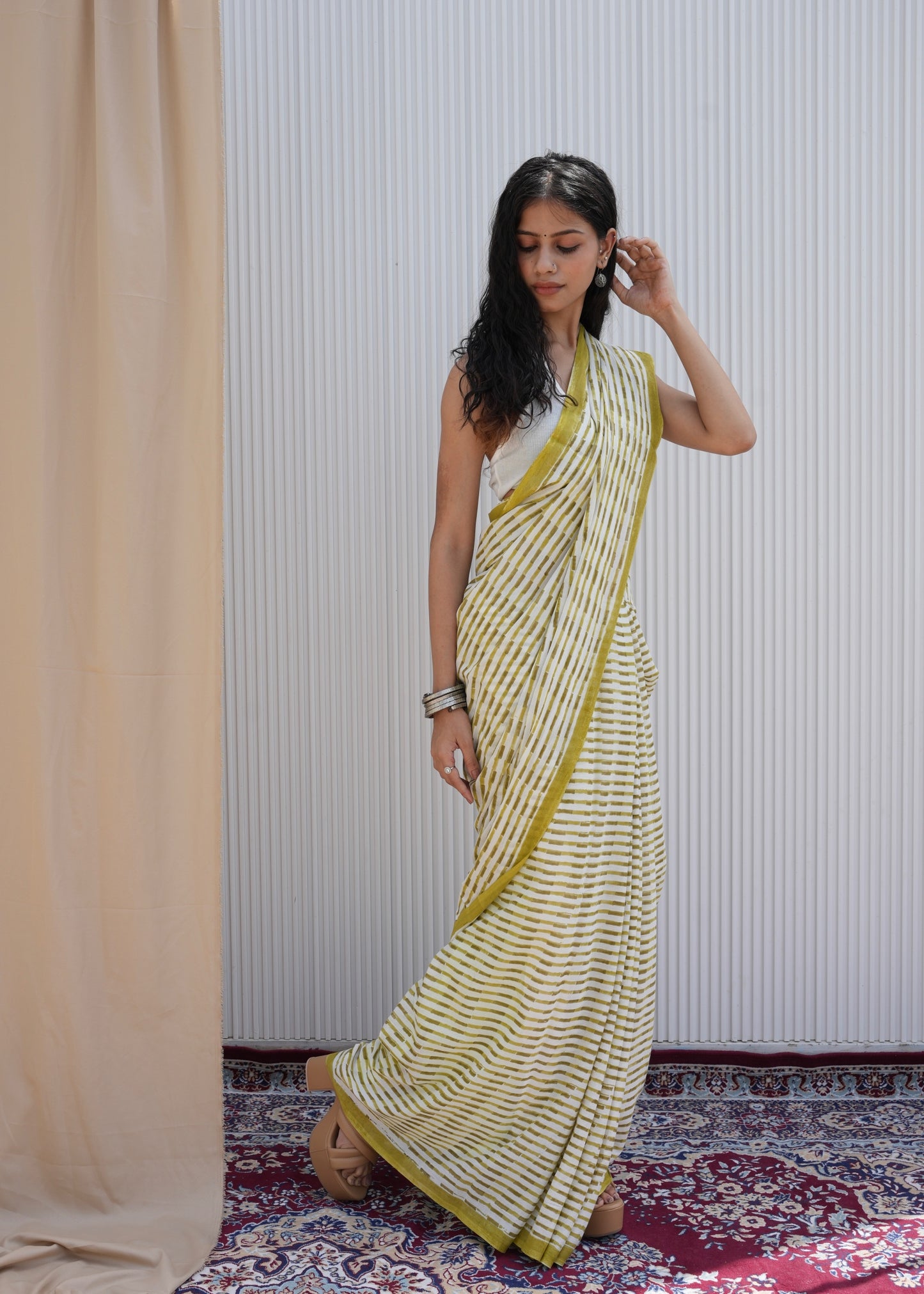 GAURI_Heritage Hand Block Printed Pure Cotton Striped Saree