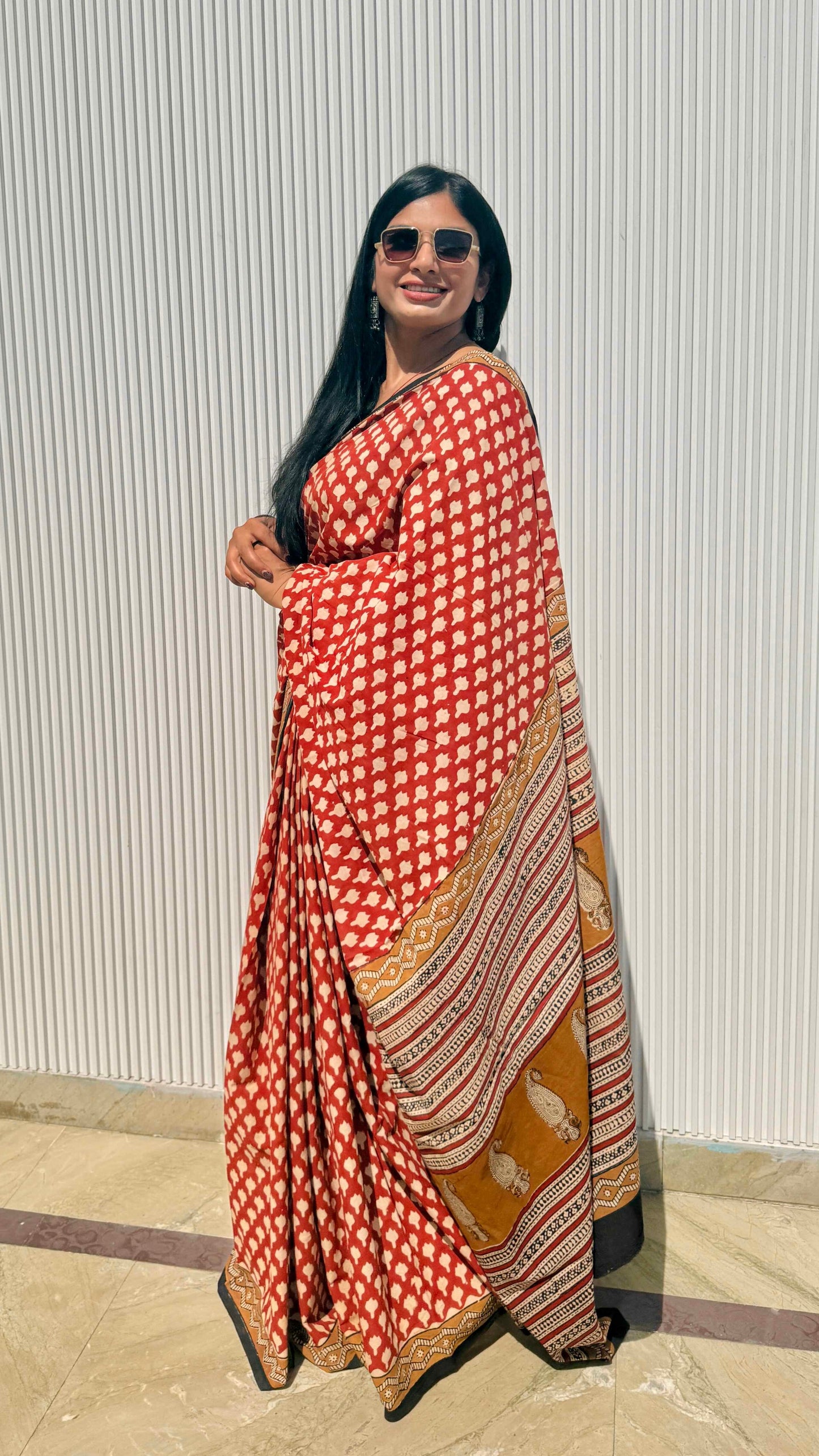 Red Hand Block Printed Cotton Saree