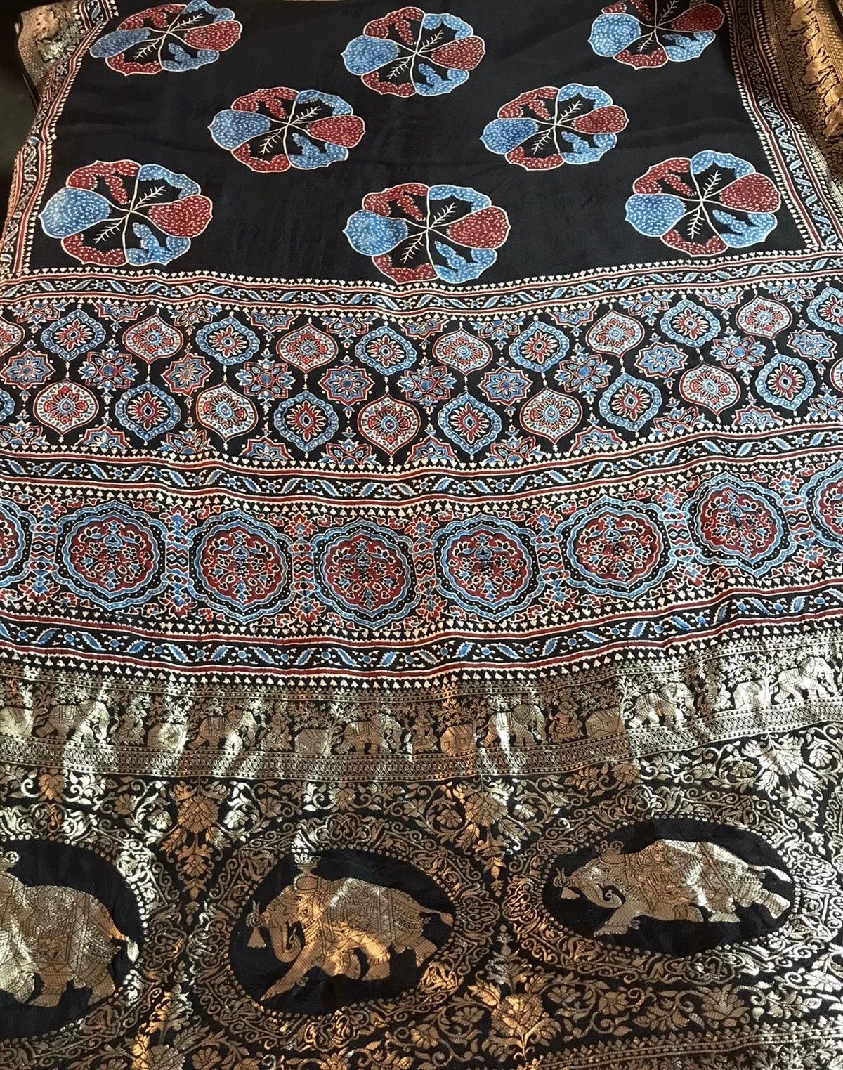 Black - Designer Ajrakh Handblock Premium Dola Silk Saree - Vasaka Jaipur