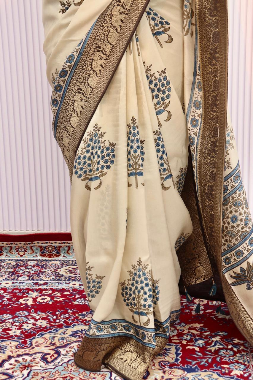 Beige - Designer Ajrakh Handblock Premium Dola Silk Saree - Vasaka Jaipur