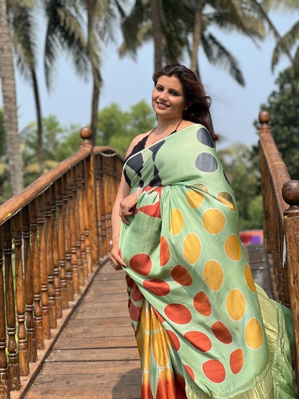 Sea Green - Clamp Dyed Modal Silk Saree - Vasaka Jaipur