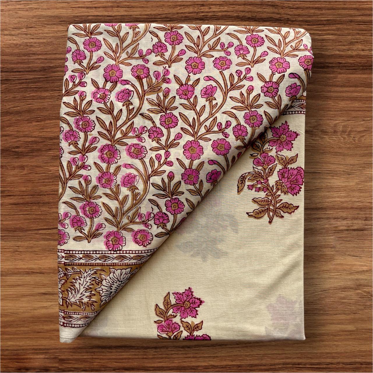 Buttercream Pink Floral Hand Block Printed Cotton Saree