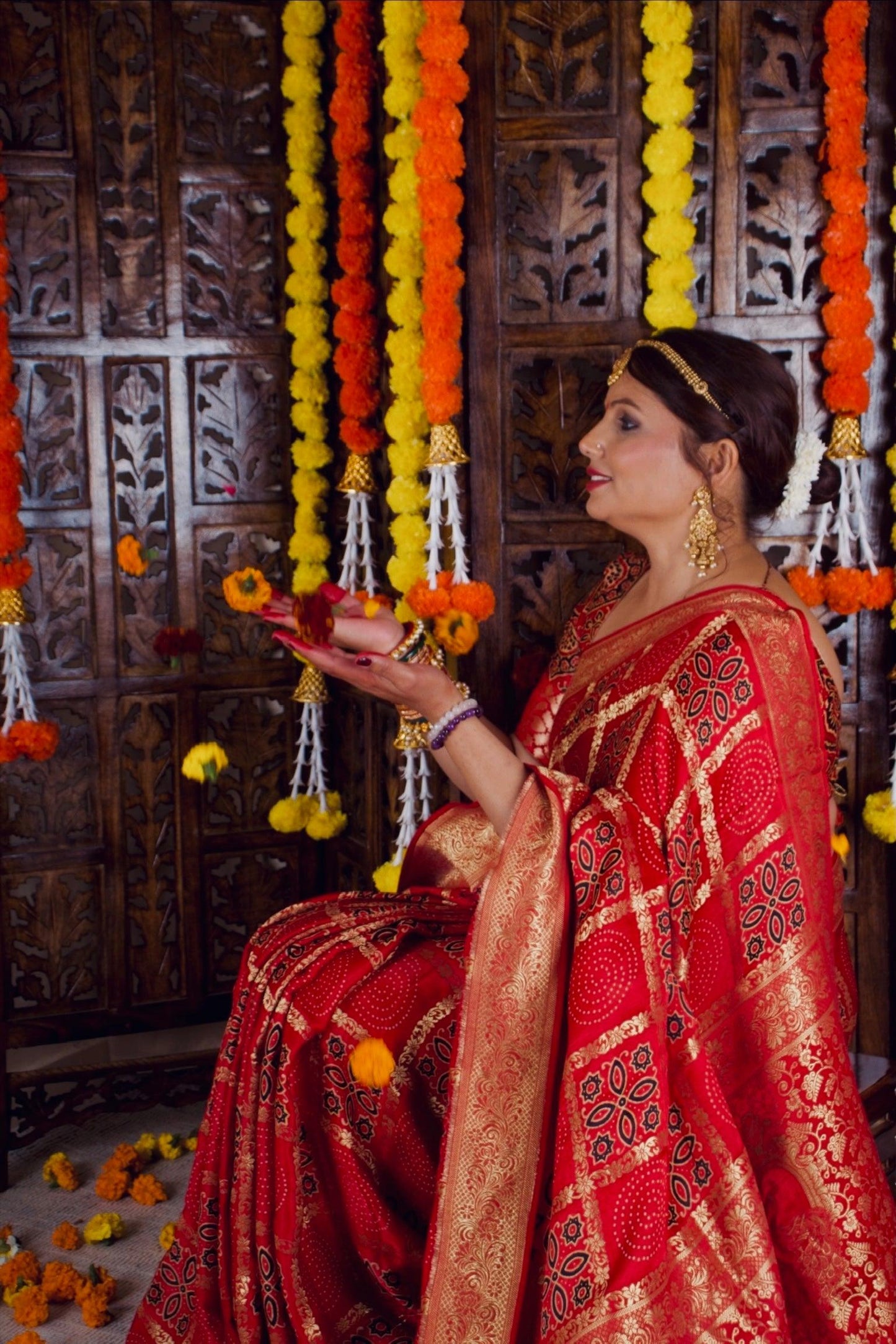 KUMUDINI - Ajrakh Gharchola Red Modal Silk Saree - Vasaka Jaipur